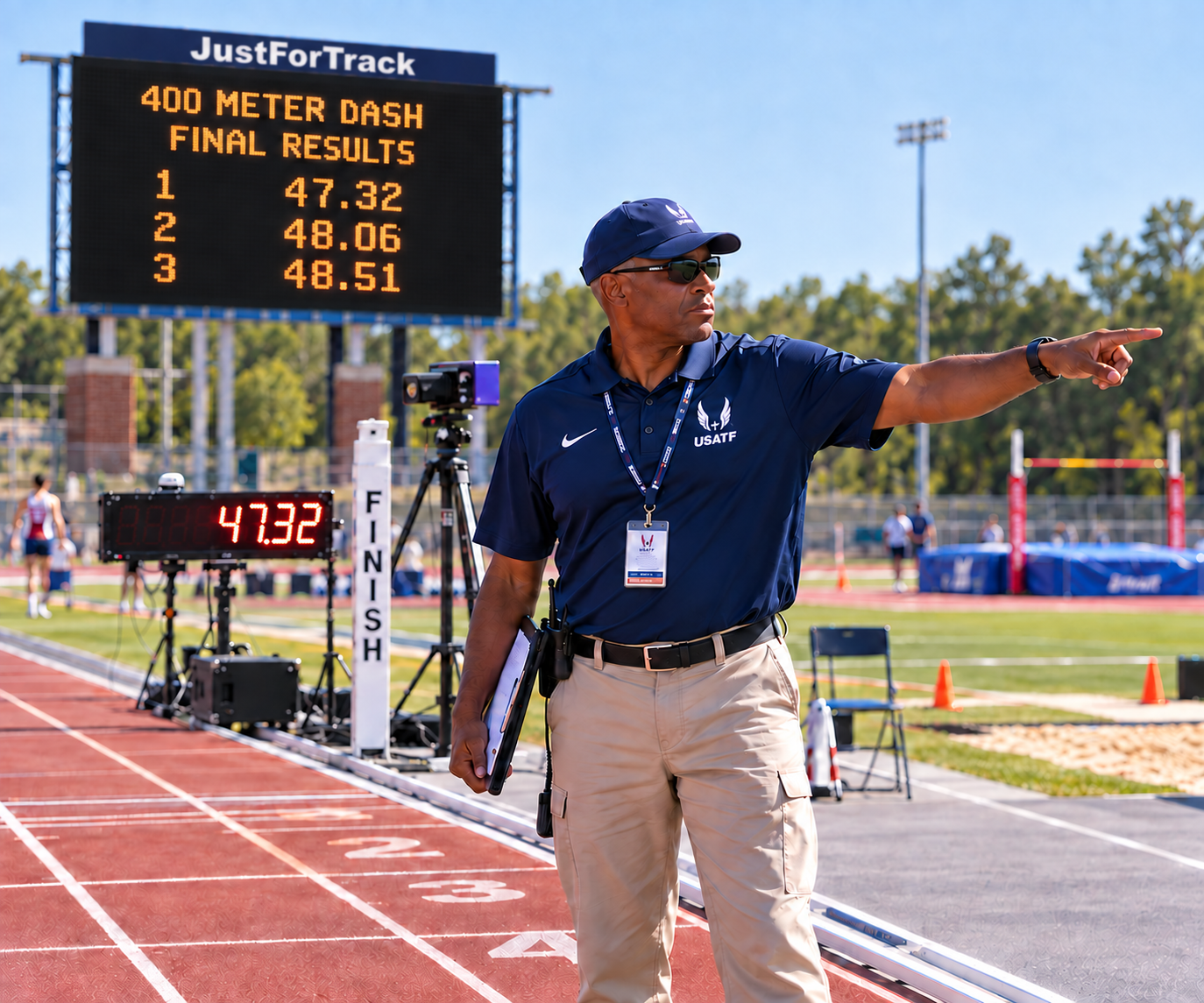 Track meet official beside the finish line with JustForTrack above 400-meter dash results on the stadium scoreboard